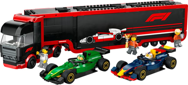 F1-lastbil med RB20 og AMR24 F1-biler