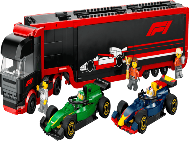 LEGO 60445 F1® Truck with RB20 & AMR24 F1® Cars, official product image
