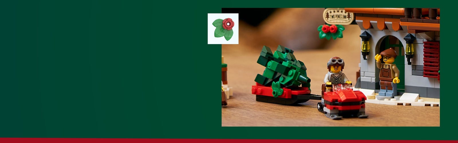 One LEGO minifigure riding a snowmobile towing a Christmas tree