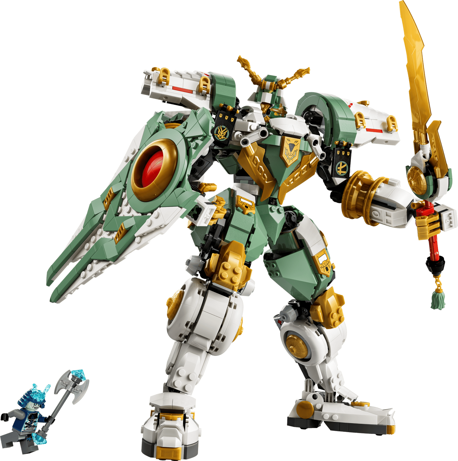 LEGO NINJAGO Lloyd's Titan Mech 15th Anniversary 71860 large green and gold mech with sword and wings on white background