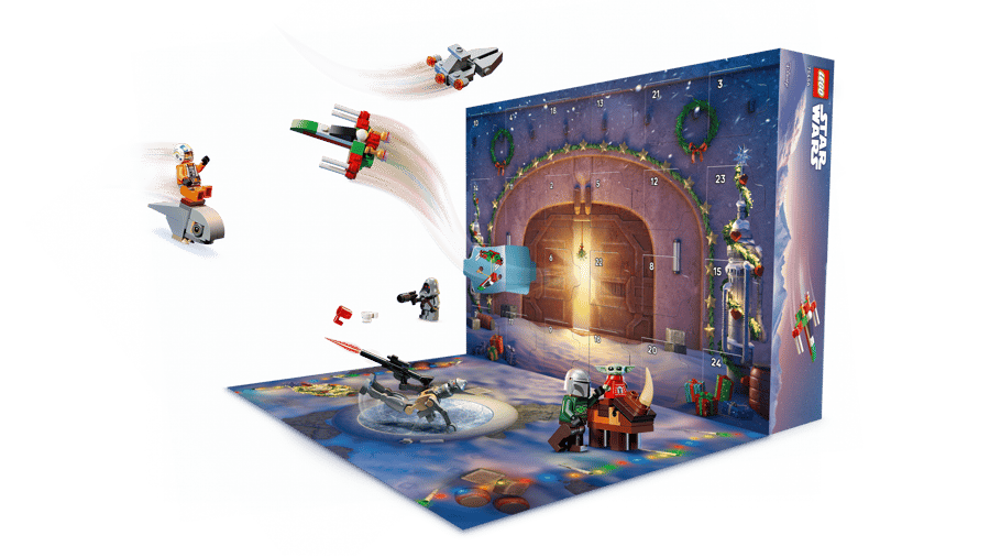 LEGO Star Wars Advent Calendar 2026 set 75456 opened out into a Mandalorian scene with mini builds arranged on the playmat