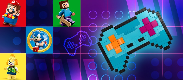 Sfondo viola con un controller per videogiochi costruito con mattoncini LEGO e minifigure LEGO per Animal Crossing, Minecraft, Super Mario e Sonic.