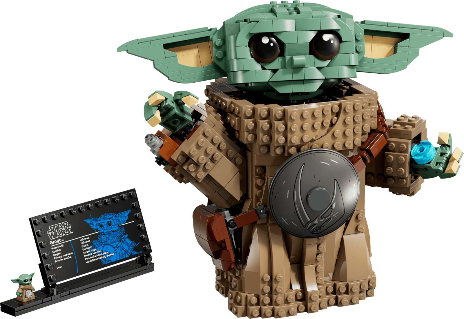 LEGO Star Wars Grogu Mandalorian Apprentice 75446 brick-built figure with Beskar chest armour, frog, and satchel on white background