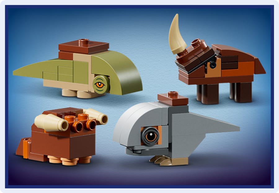 Brick-built Star Wars creatures from LEGO set 75456 including the Mudhorn, a Bantha and a Blurrg