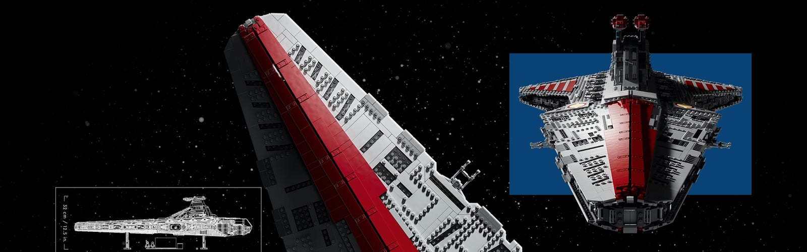 Grande image du croiseur LEGO Star Wars au centre, entourée d’images plus petites de détails du vaisseau