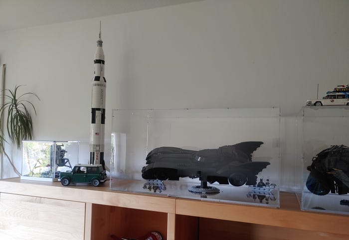 Marc’s glass showcase displays for his big LEGO sets
