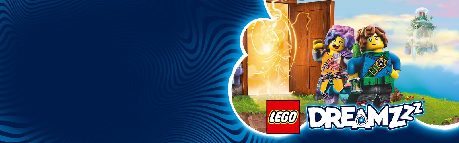 Deux personnages enfantins se tenant près d’une porte qui mène à l’univers LEGO DREAMZzz.