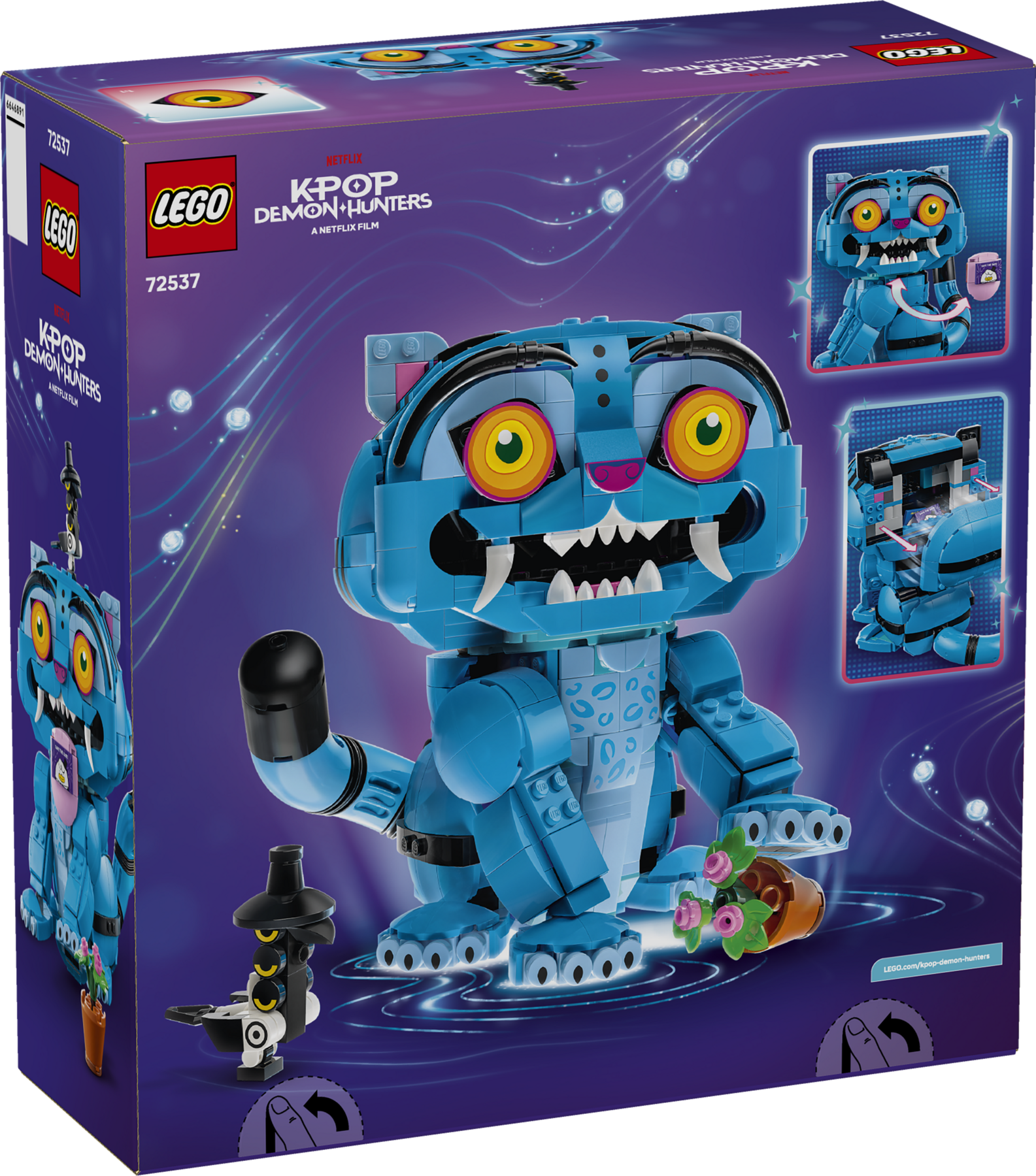 LEGO® KPop Demon Hunters Derpy Tiger and Sussie Bird box with an image of the built set showing a posable tiger figure.