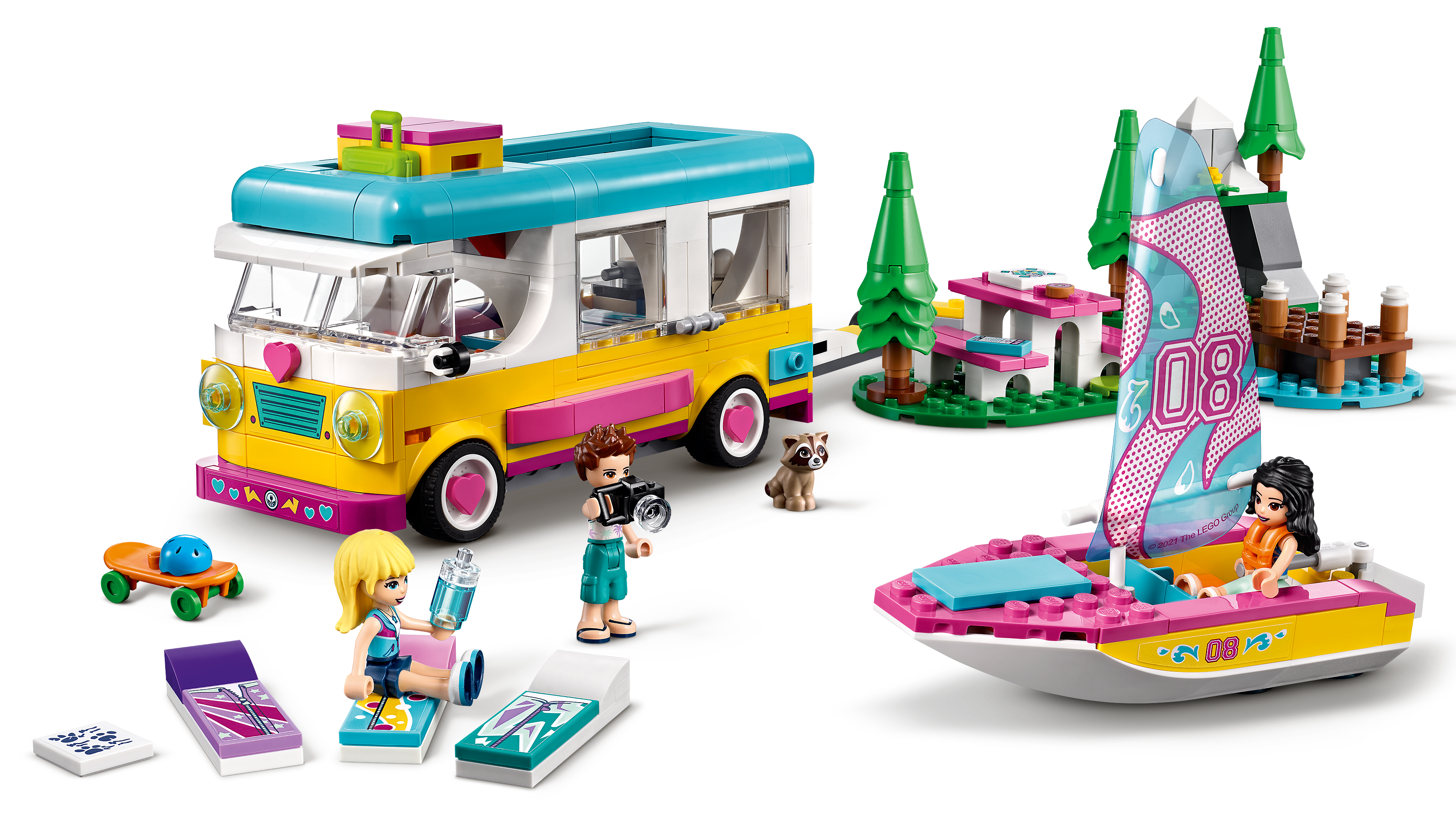 Jeu d’Aventure avec Jouet Bateau et Figurine Raton-Laveur LEGO 41681 Friends Le Camping-Car et Le voilier de la forêt 