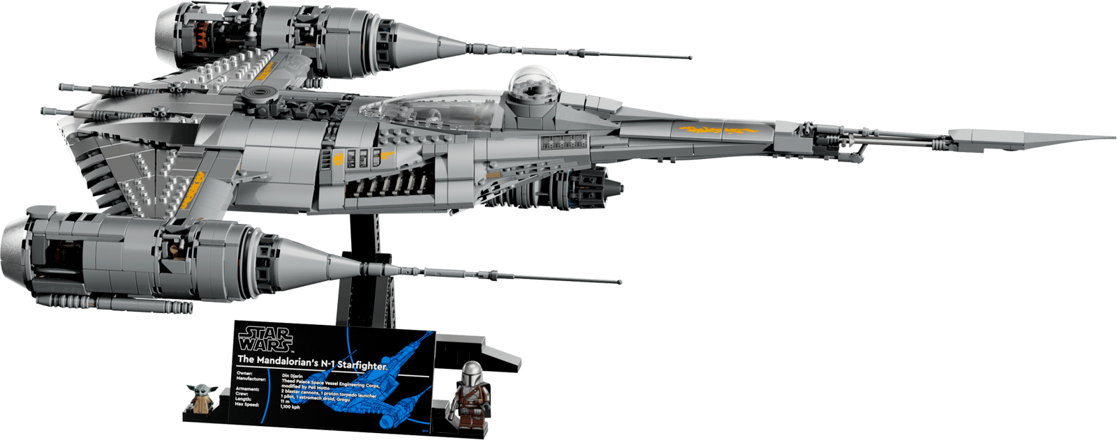 LEGO The Mandalorian's N-1 Starfighter 75442 UCS side-profile product shot on white background with Mando and Grogu minifigures on display stand
