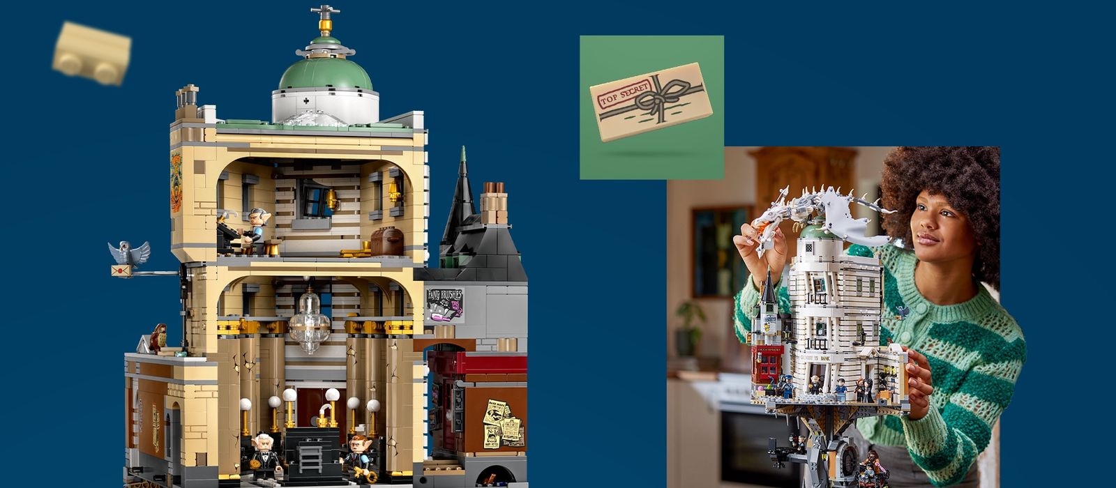 Model stavebnice LEGO Harry Potter Gringottova banka vedľa obrázka ženy v zelenom pásikavom svetri, ktorá stavebnicu stavia, na modrom pozadí.