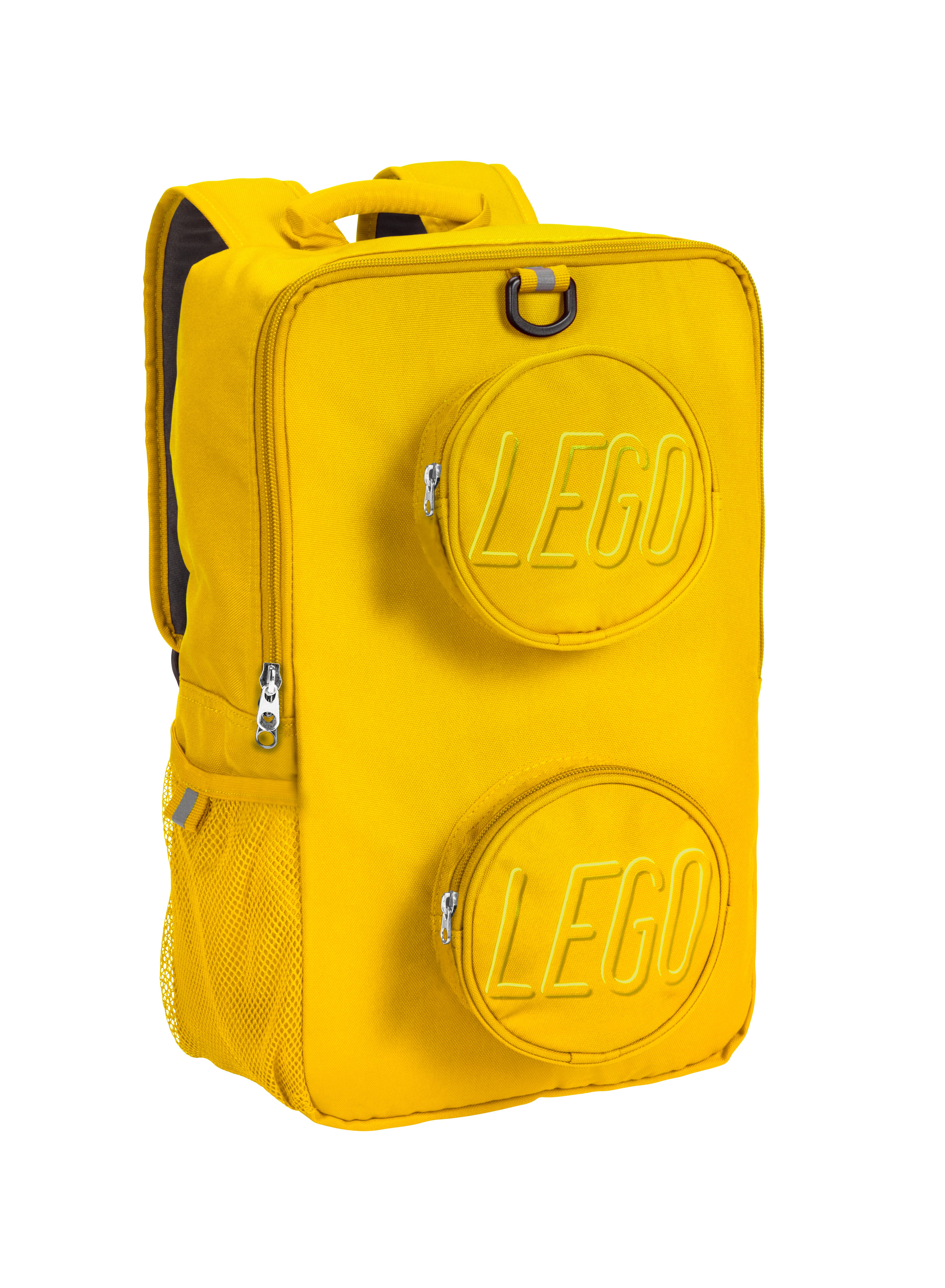 yellow building block backpack with LEGO logo.