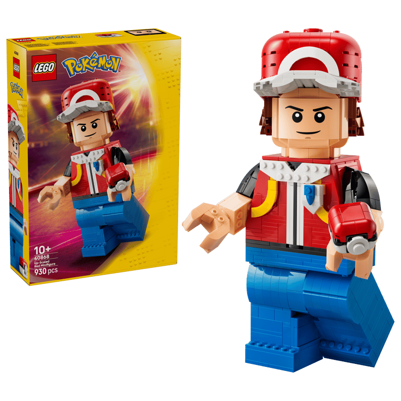 LEGO® Pokémon™ Up-Scaled Red Minifigure box shown top left, with built scene featuring posable Trainer figure below.