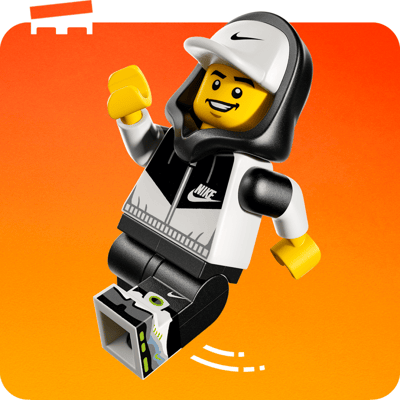 Closeup shot of LEGO Nike minifigure in motion against an orange background.