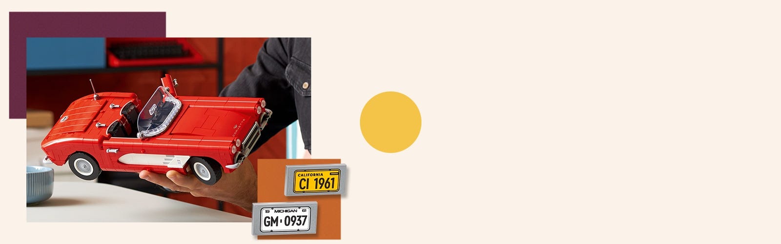 LEGO Corvette car with inset of two number plates.