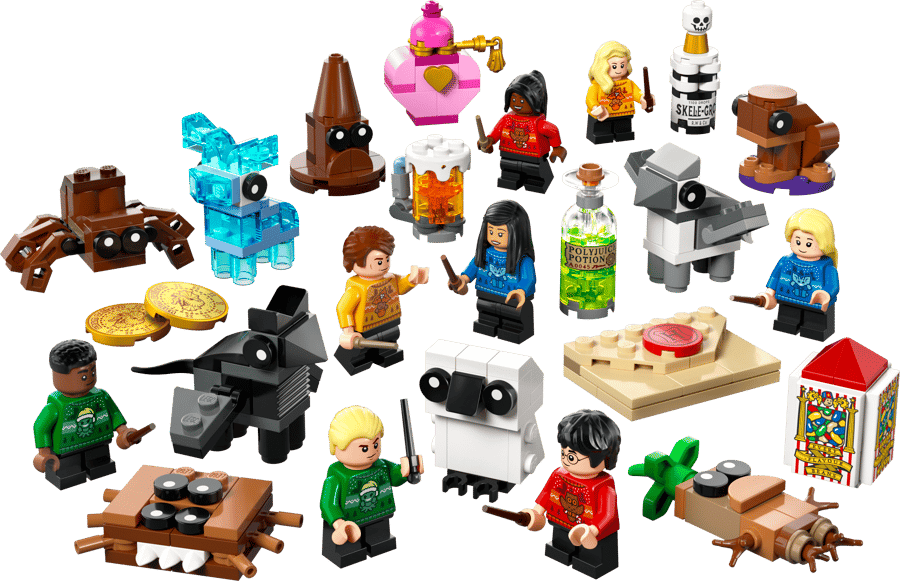 Everything inside LEGO Harry Potter Advent Calendar 76456: eight minifigures, brick-built creatures and micro builds