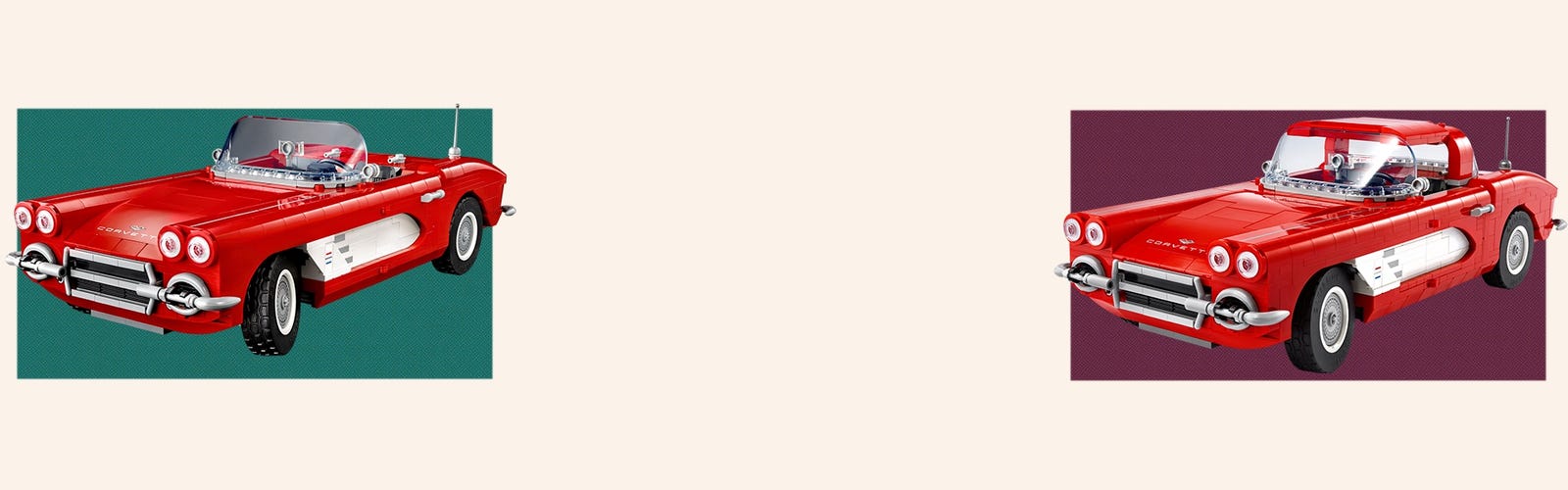 Two images of a LEGO Corvette, one with a hardtop and one without a top