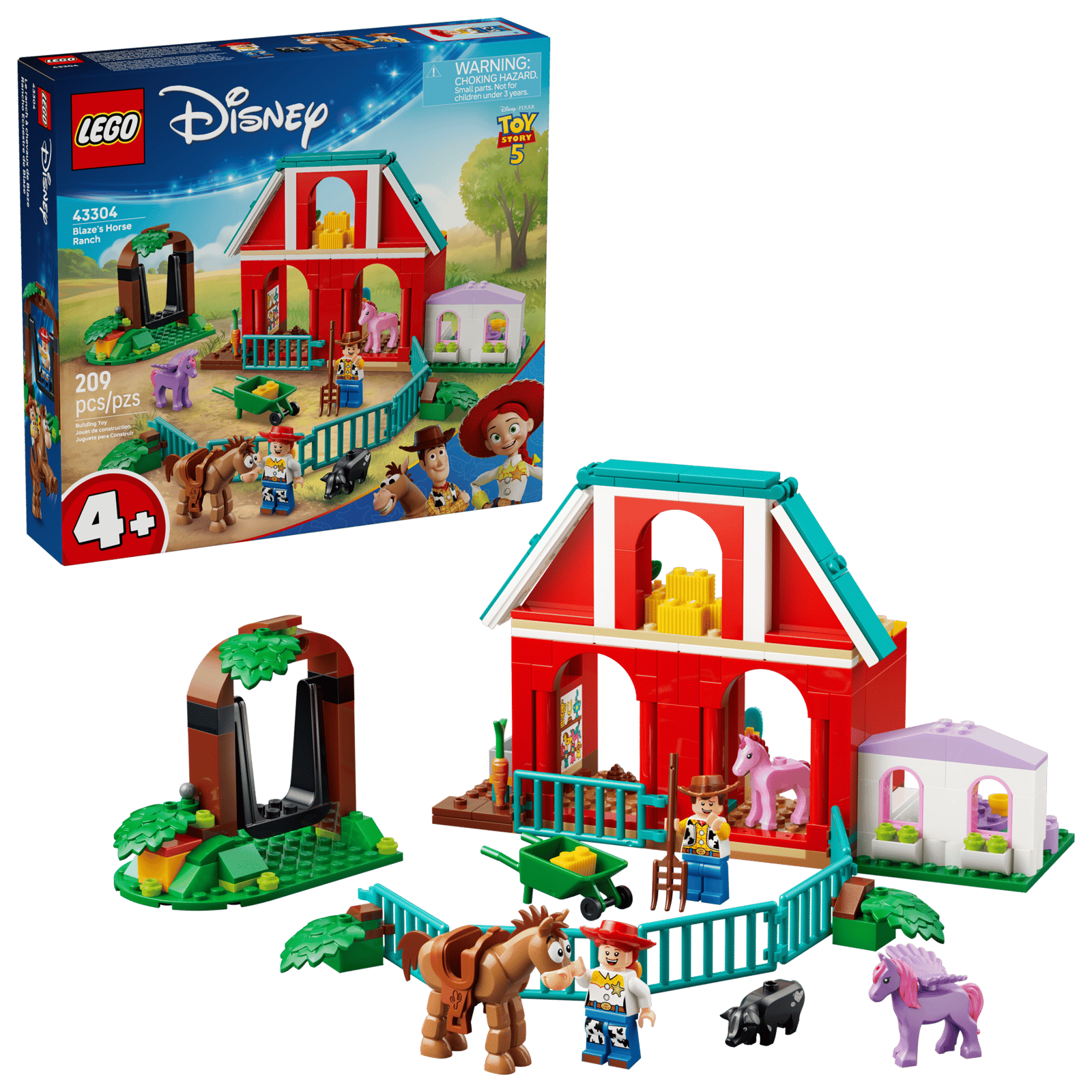 LEGO Disney Toy Story 5 Blaze's Horse Ranch (43304) — barn playset with Woody and Jessie minifigures, Bullseye, and new Toy Story 5 animal characters