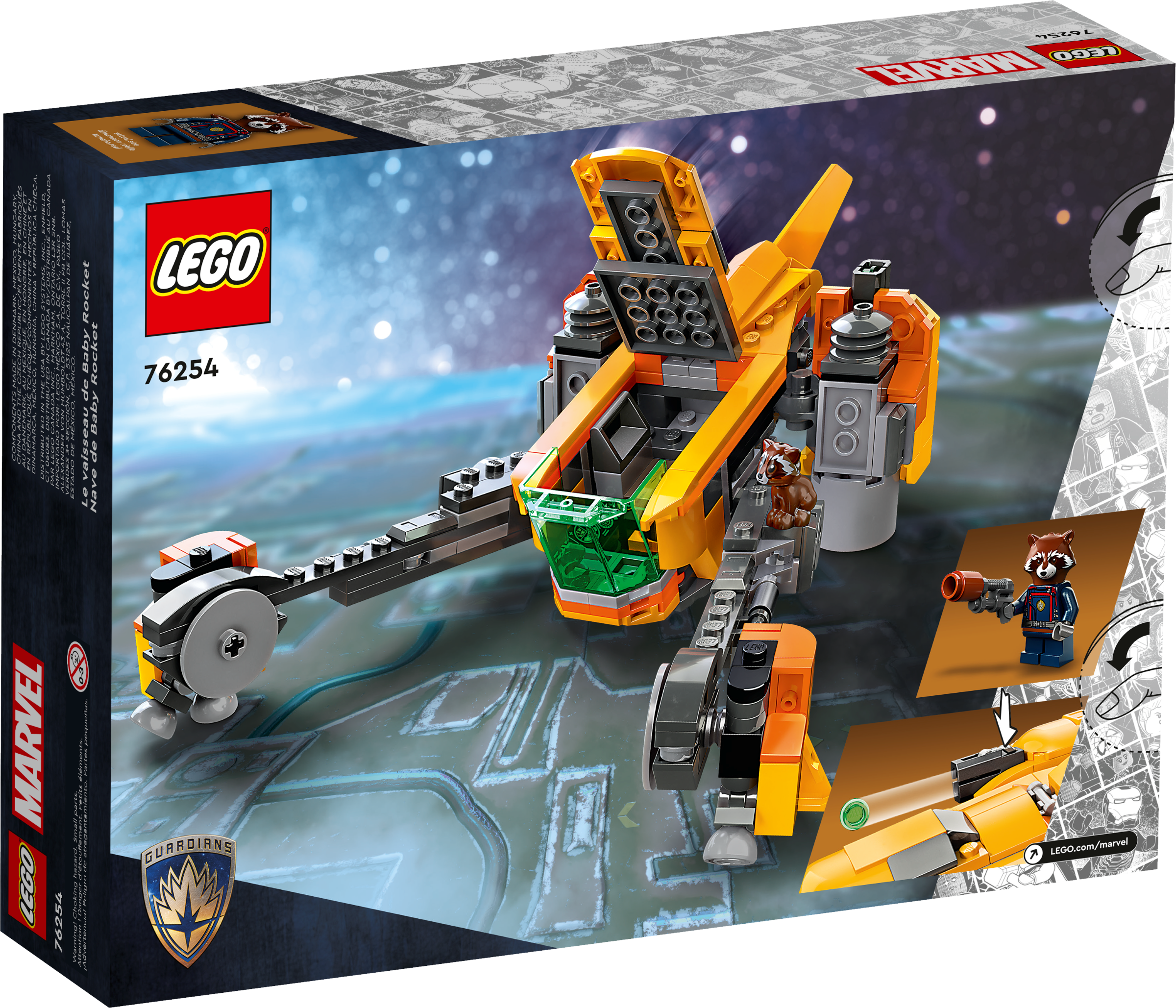 LEGO Marvel Baby Rocket's Ship 76254 de Guardianes de la Galaxia 3 con  minifiguras de mapache cohete, juguete coleccionable de nave espacial de