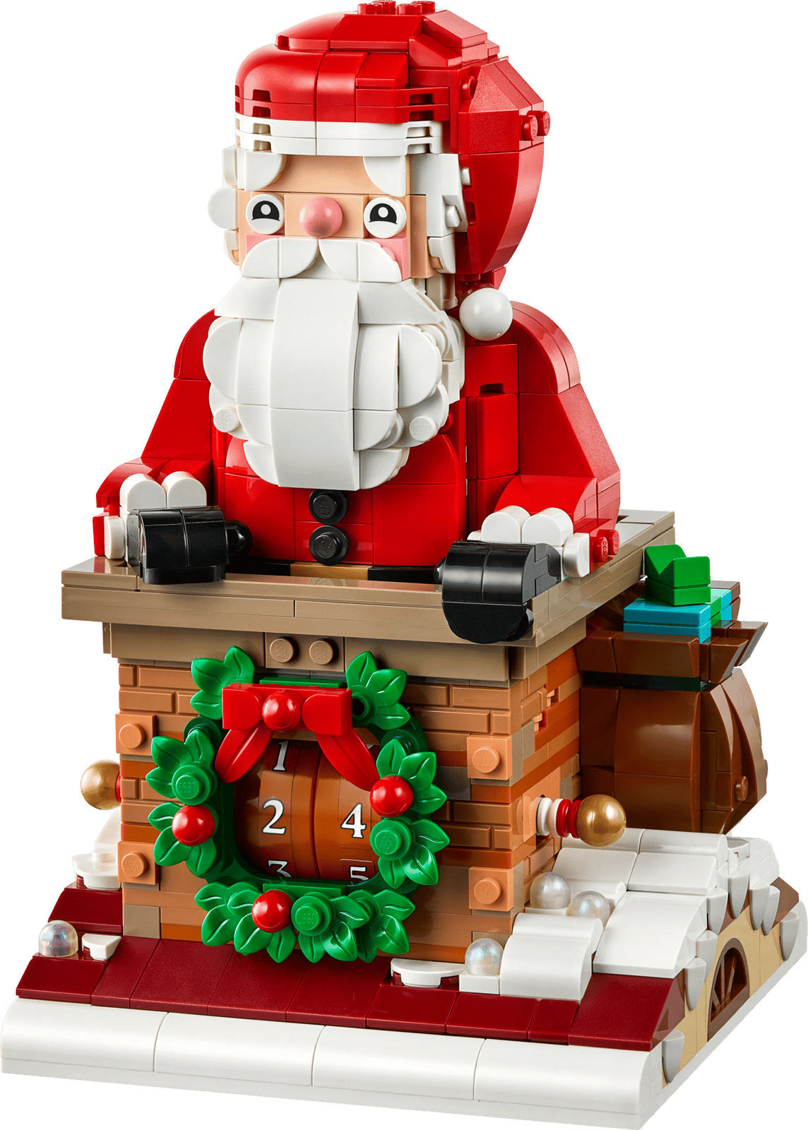 LEGO® Weihnachtsmann-Tagezähler 40874: Weihnachtsmann auf einem verschneiten Dach über einem gemauerten Schornstein, davor ein Kranz mit zwei drehbaren Zahlenblöcken.