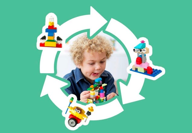 Child playing with LEGO classic with a ring full of arrows around the child