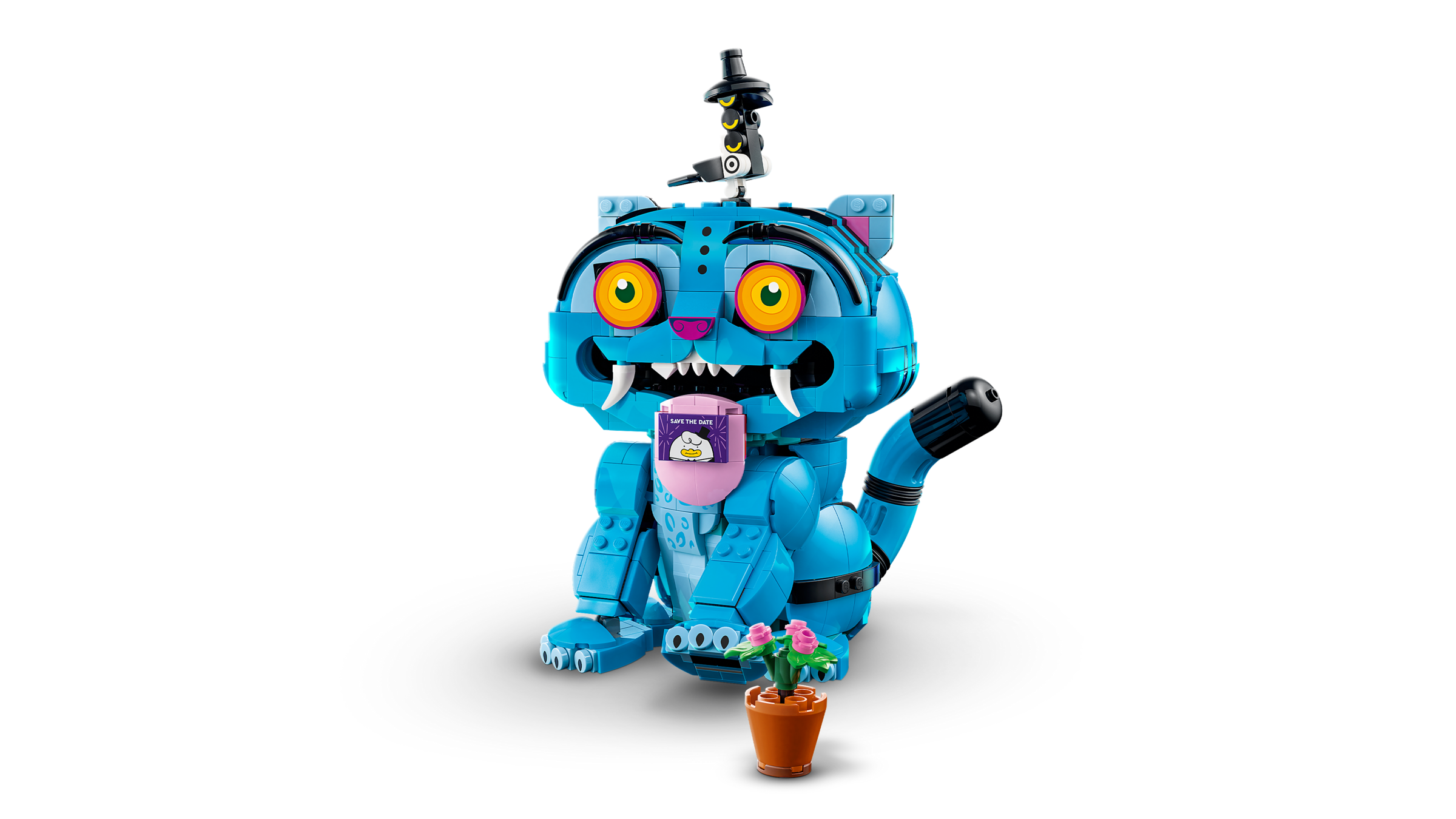 LEGO® KPop Demon Hunters Derpy Tiger and Sussie Bird featuring a tiger with a raised paw and a love note on its tongue.