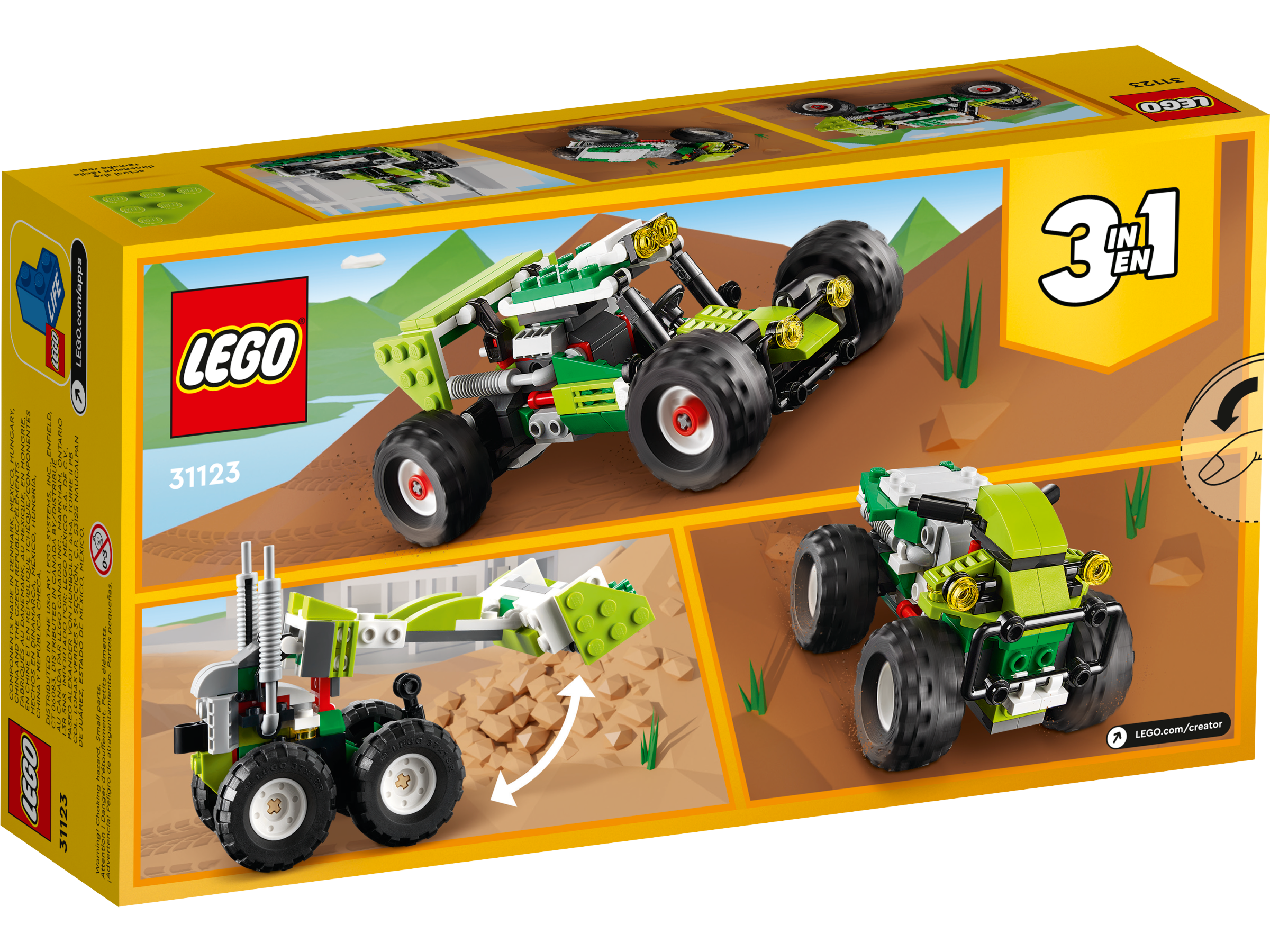 Set de Vehículos de Construcción 31111 Creator 3en1 Ciberdron Cibermech o Moto LEGO 31123 Creator Buggy Todoterreno 3 en 1: Excavadora y Coche ATV de Juguete 