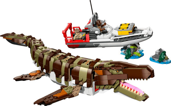 LEGO 76974 Le bateau en mission et le mosasaure en briques