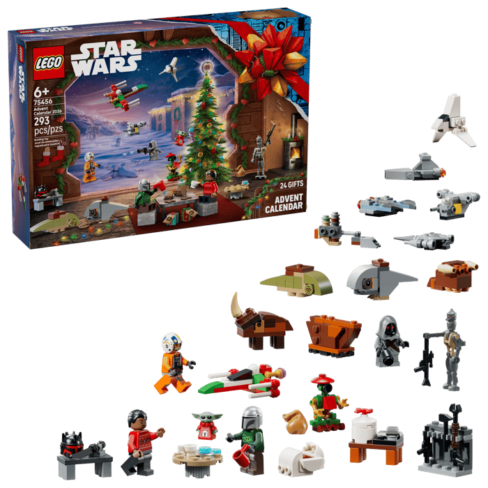 LEGO Star Wars Advent Calendar 2026 set 75456 box alongside all 24 builds