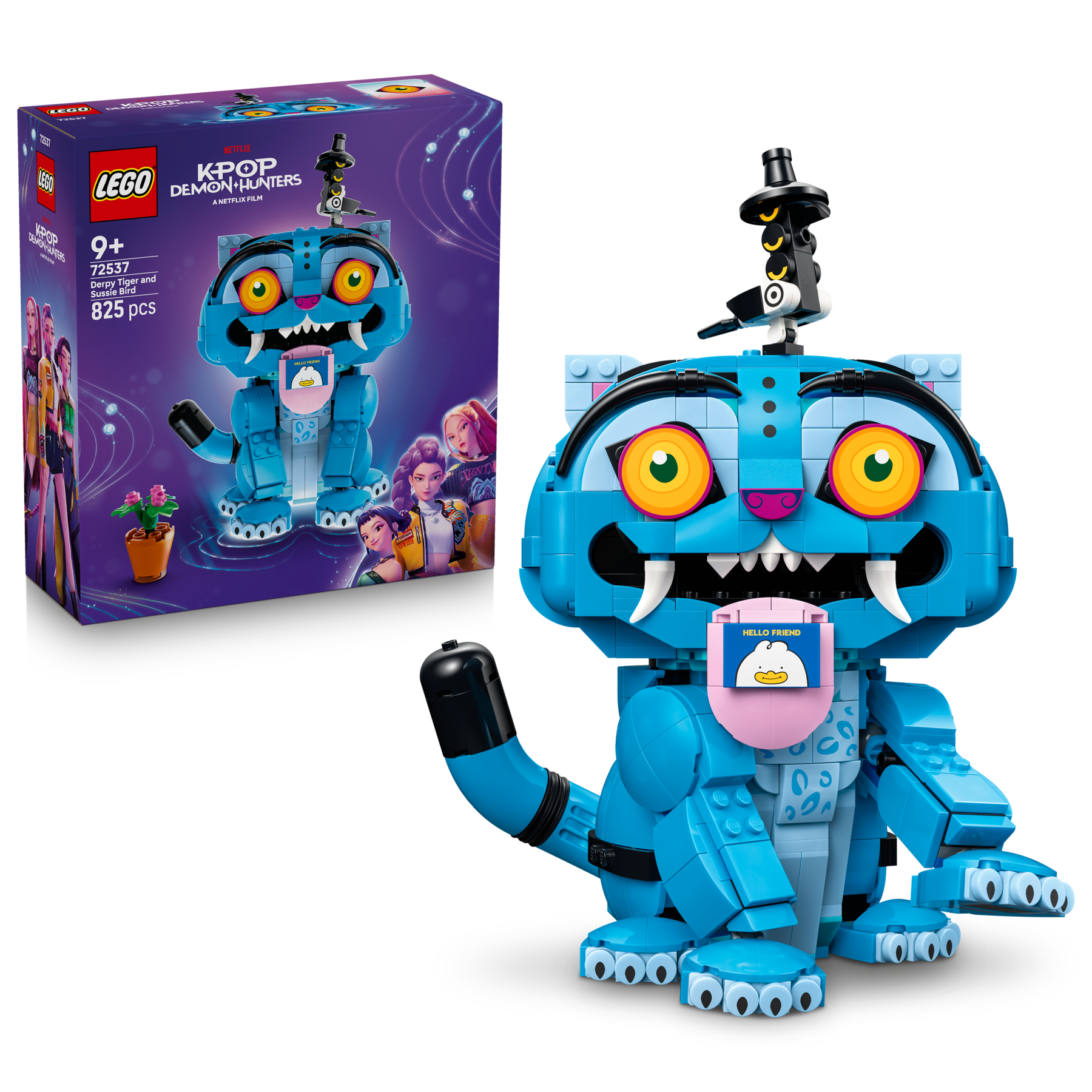 LEGO® KPop Demon Hunters Derpy Tiger and Sussie Bird box in top left and a tiger with a love note on its tongue below.