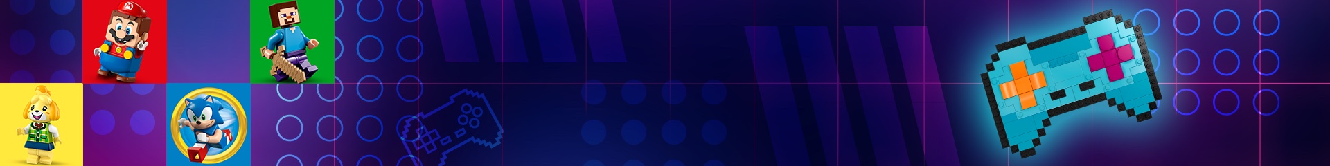 Fundal violet cu controller de jocuri video construit din cărămizi LEGO și minifigurine LEGO din Animal Crossing, Minecraft, Super Mario și Sonic.