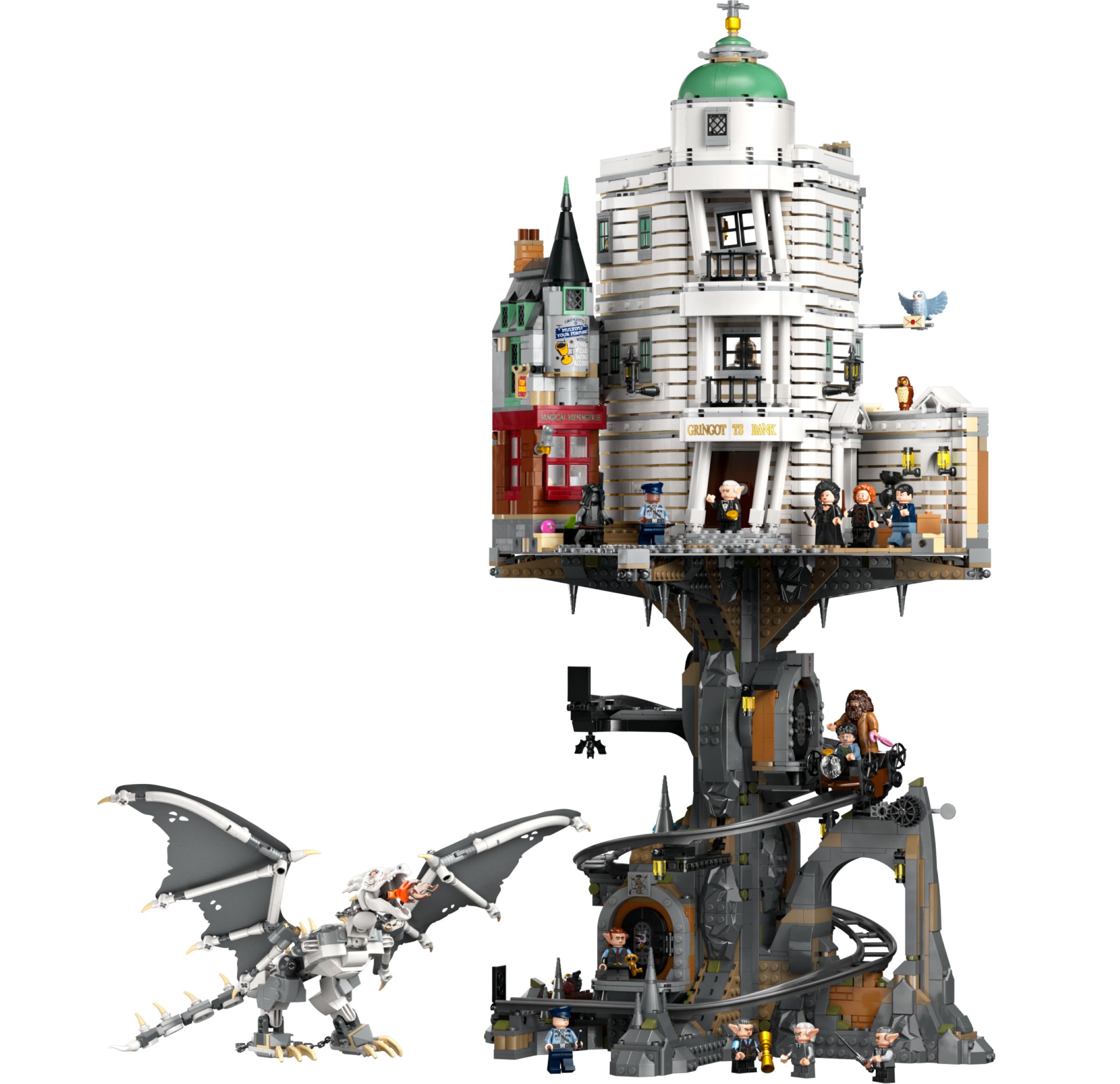 LEGO Harry Potter Gringotts Wizarding Bank 76417 LEGO Harry Potter Gringotts Wizarding Bank 76417 display model with underground vaults, spiral track, and minifigures