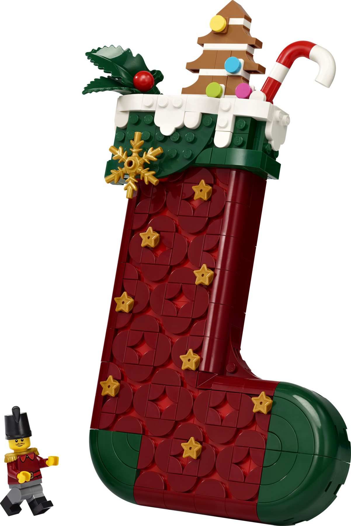 LEGO 40958 Christmas Stocking product shot showing the tiled front, kickstand, and Nutcracker-inspired minifigure
