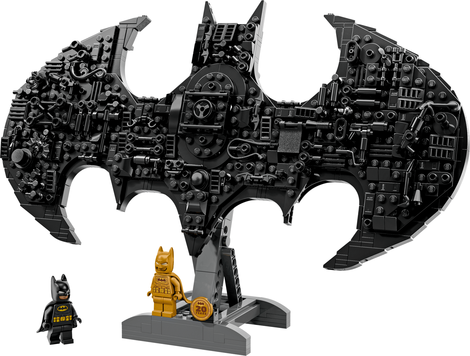 LEGO DC Batman Batwing 76330 large bat-symbol shaped aircraft model on display stand with Batman minifigures